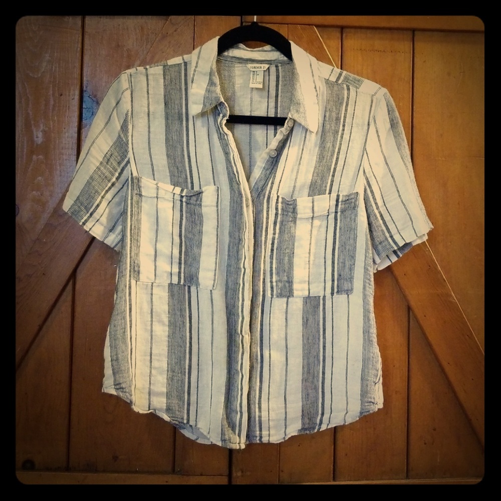 Forever 21 linen button up shirt top stripe S